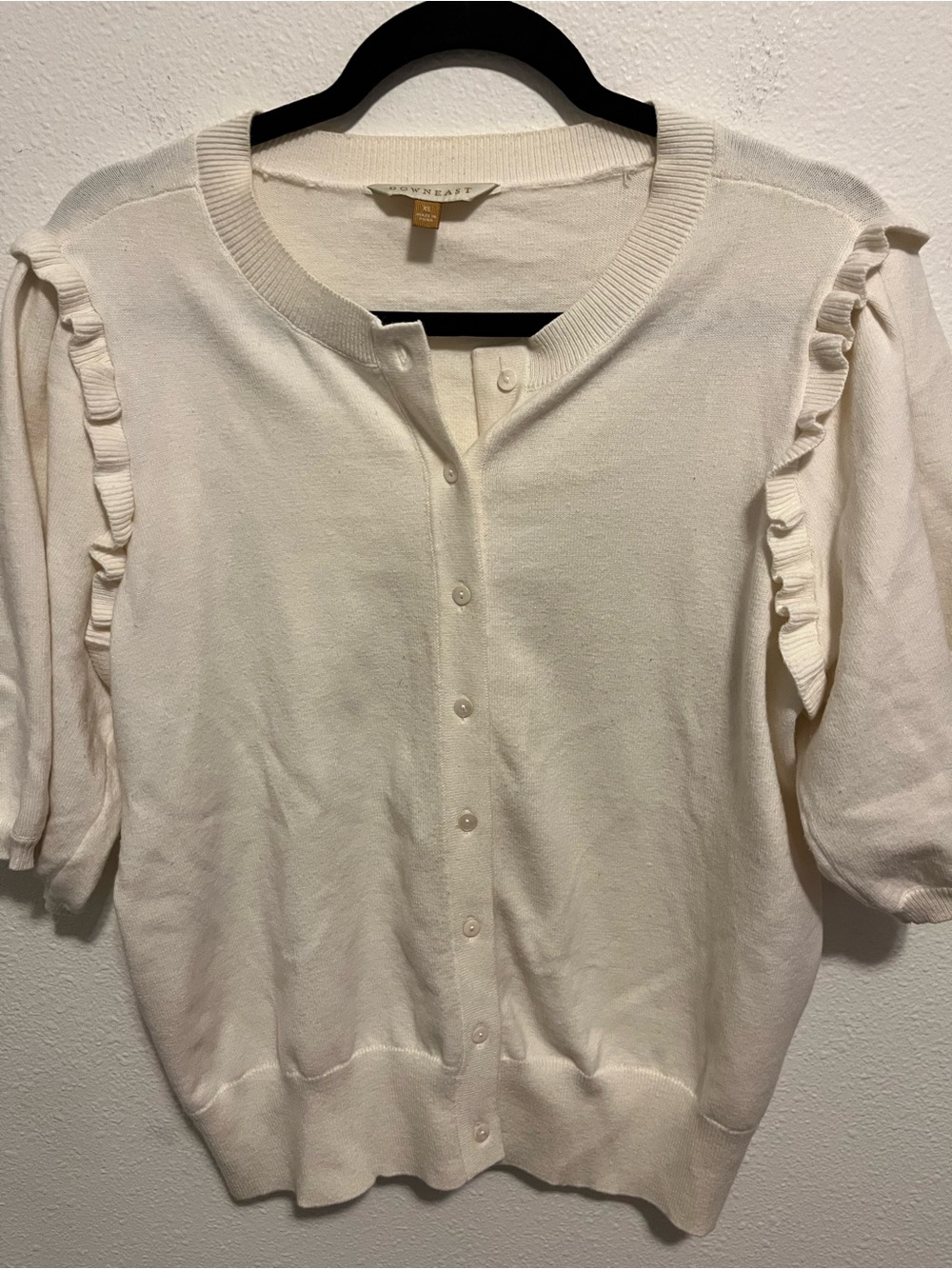 DownEast Cream Ruffle-Shoulder Button Cardigan